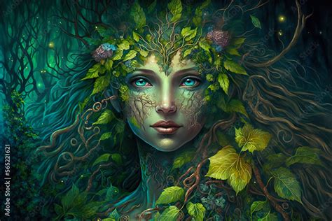 Beautiful Dryad Goddess In Forest Dryad Goddess Merging With A Magical
