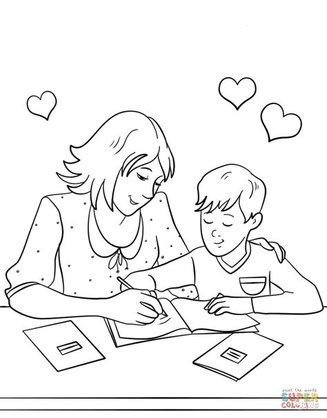 Dibujo De Madre Ayudando A Su Hijo Con La Tarea Para Colorear Dibujos