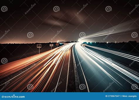 Speed Traffic Light Trails On Motorway Highway At Night Stock