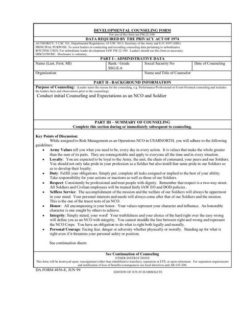 Army Counseling Form 4856 Initial Counseling Doc School Counselor