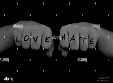 Black And White Love And Hate Knuckle Tattoo Stock Photo Alamy