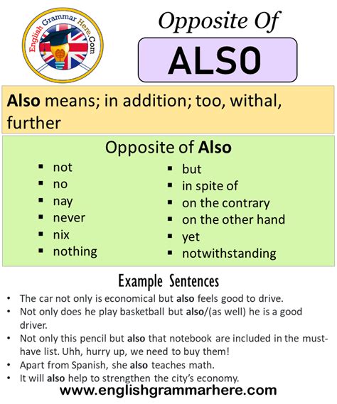 Opposite Of Also Antonyms Of Also Meaning And Example Sentences