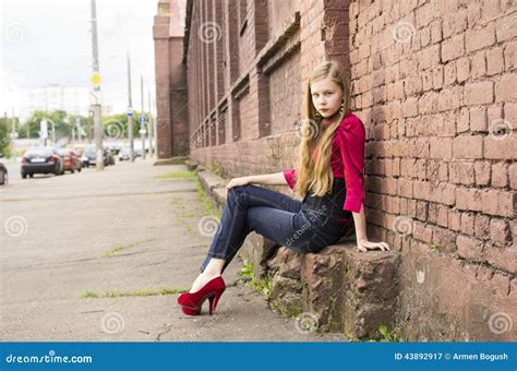 Young Female Teen Girl Pose Against A Brick Wall Stock Image Image Of Caucasian Attractive