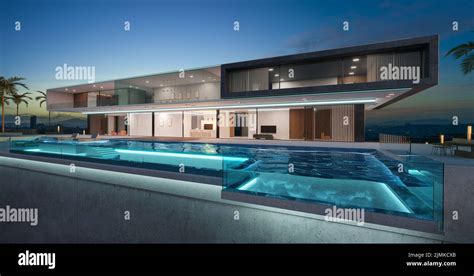 Luxury Villa Exterior Design With Beautiful Infinity Pool Stock Photo