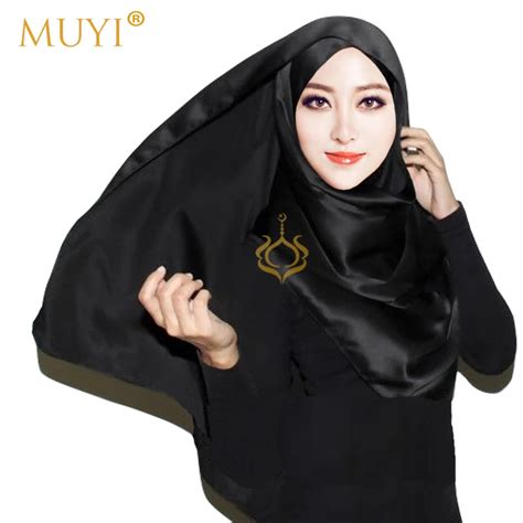 Muslim Women Hijabs Plain Satin Luxury Scarf Foulard Femme Black