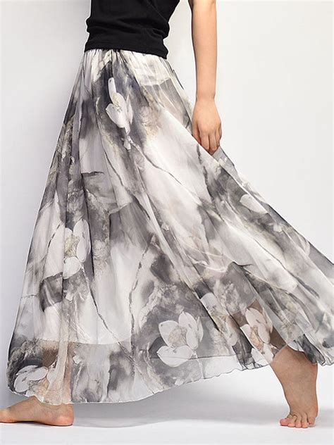 Gracila Bohemian Chiffon Floral Print Elastic Waist Maxi Skirt For