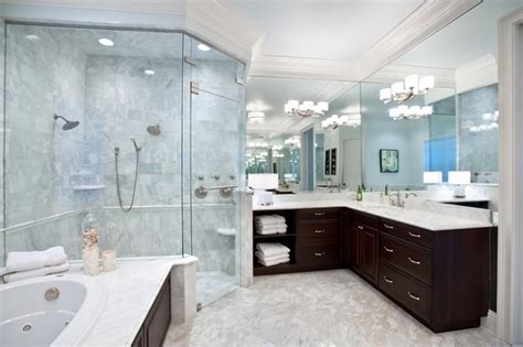 In this midcentury modern bathroom, the cabinets are stained in alder wood and are finished off with a pure white caesarstone photo by: Modern shower enclosures - contemporary bathroom design ideas