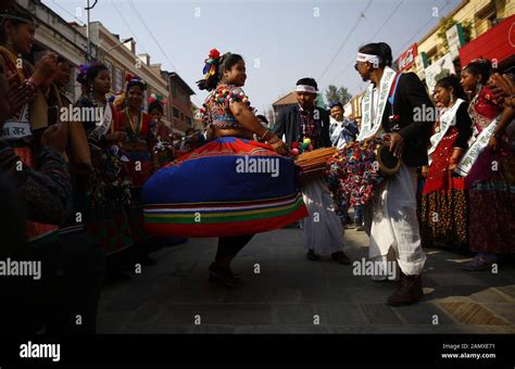 Kathmandu Nepal 15th Jan 2020 Women From The Ethnic Tharu Community Dressed In Traditional