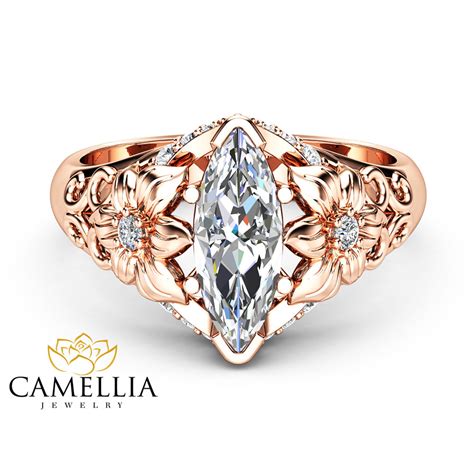 14k Rose Gold Engagement Ring Marquise Cut Diamond Wedding