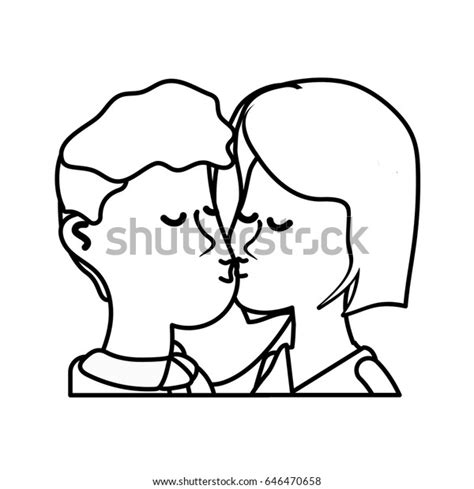 Line Cute Couple Kissing Romantic Scene Stock Vector Royalty Free