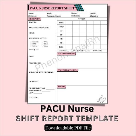 Pacu Nurse Report Sheet Template Pacu Nurse Brain Pacu Etsy