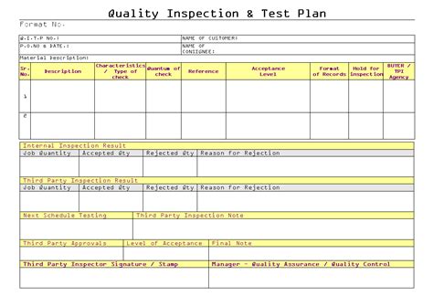 Quality Inspection And Test Plan Format Samples Word Document Download