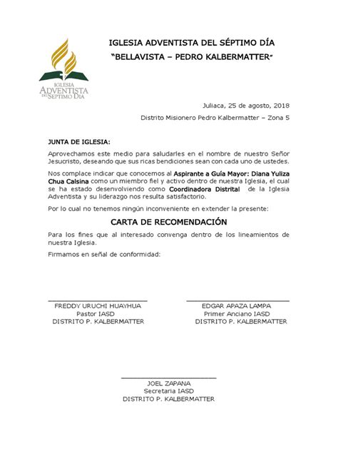 Carta Recomendacion Junta Pdf Adventismo Religiones Religiosas