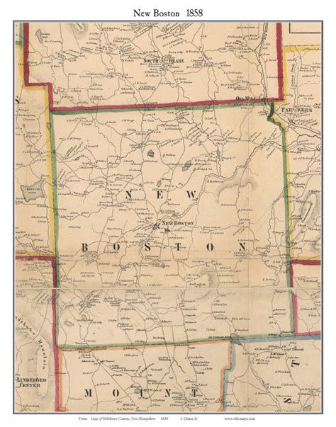 New Boston New Hampshire 1858 Old Town Map Custom Print Hillsboro Co