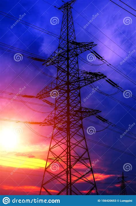 High Voltage Power Lines At Sunset Stock Image Image Of Electricity