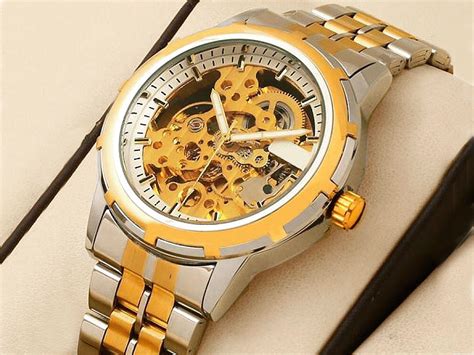 Mens Automatic Skeleton Two Tone Stainless Steel Chain Watch Price In