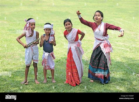 Assamese Girls Performing Dance And Celebrating Bihu Festival New Year Celebration Assam