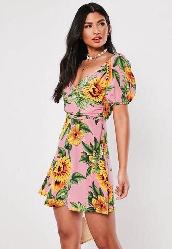 Pink Floral Print Milkmaid Wrap Front Skater Dress Missguided