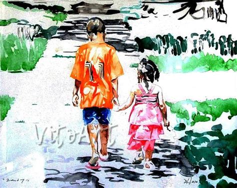 Brother And Sister Sibling Art Print Holding Hands Watercolor Etsy