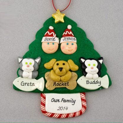 Your family ornament is not complete unless you include your dogs and cats on it. Couple with 3 Pets - Custom Christmas Ornament | Calliope