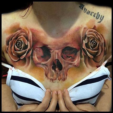 Skull And Roses Chest Tattoo