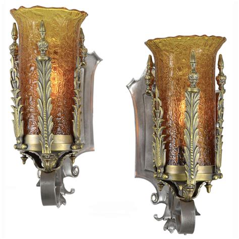 Pair Of Antique 1920s 1930s Art Deco Wall Sconces With Crackle Glass