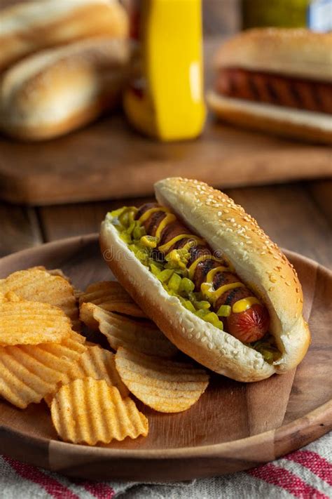 Grilled Hot Dog And Potato Chips Stock Photo Image Of Frankfurter