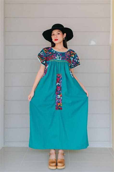 Vintage S Oaxacan Maxi Dress Mexican Dress With Floral Embroidery Boho SEA GREEN Cotton