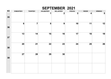 Kalender September 2021 Kalendridsu