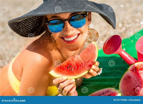 Woman Eating Watermelon On The Beach Stock Photo Image Of Summer