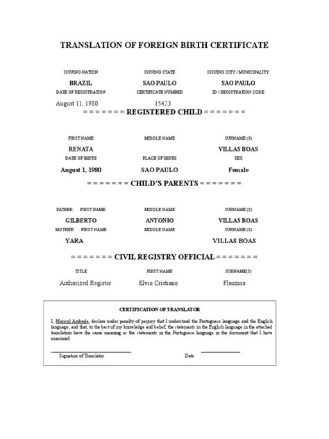 Printable Birth Certificate Translation Template Customize And Print