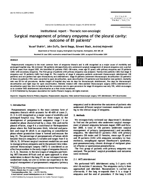 Pdf Surgical Management Of Primary Empyema Of The Pleural Cavity