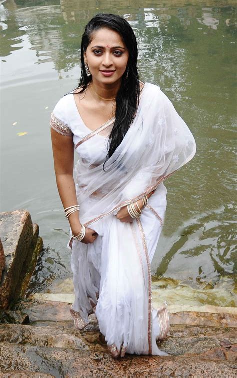 Anushka Latest Hot Wet White Saree Stills Without Water Mark Anushka Spicy White Saree Wet