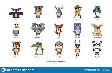 Cute Cartoon Animal Character Set Stock Vector Illustration Of