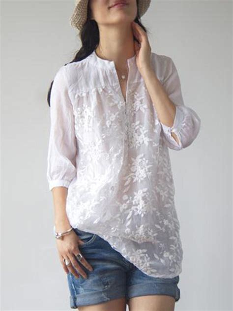 White Long Sleeve Embroidered Floral Organza Blouse Fashion Clothes