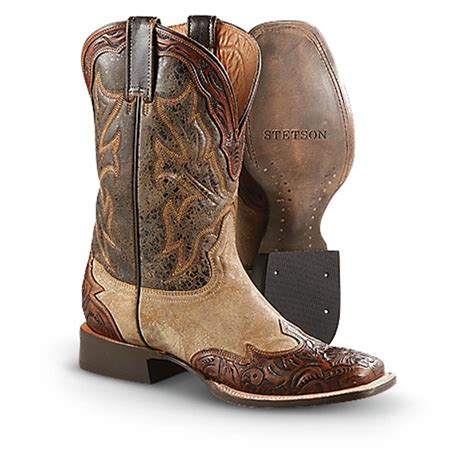 Men S Stetson Hand Tooled Leather Western Boots Brown Cowbabe Western Boots At