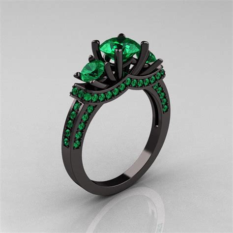 French 14k Black Gold Three Stone Emerald Wedding Ring
