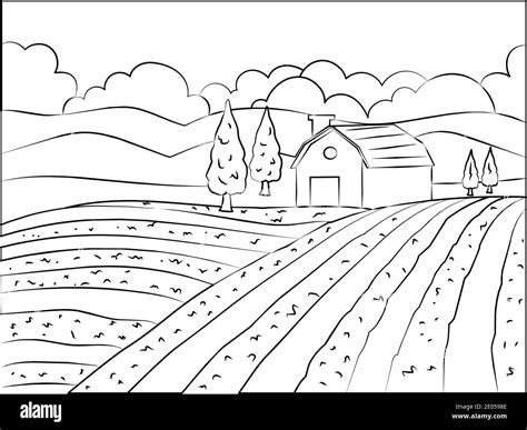 Dibujo A Mano Ilustración De Paisaje Natural Granja Agrícola Y Campo
