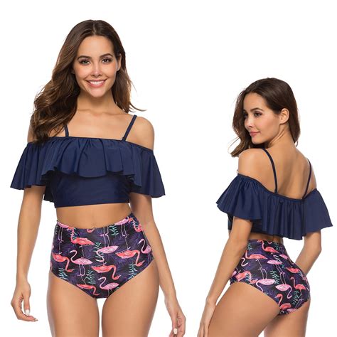 2019 Women Swimwear Two Piece Swimsuit Set Off Shoulder Ruffled Flounce Crop Bikini Top With