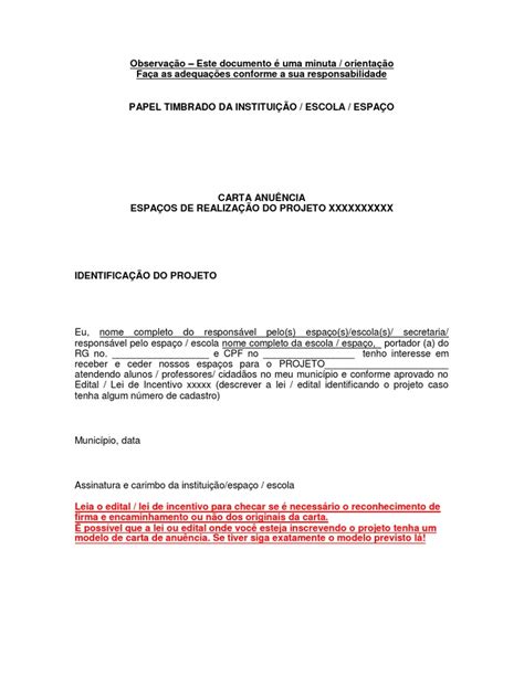 Carta De Anuência Modelo Pdf