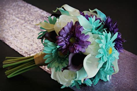 You should feel like a queen on your wedding day; Purple, teal and aqua wedding bouquet with artificial ...
