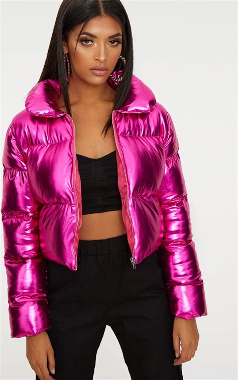 Hot Pink Metallic Cropped Puffer Jacket Prettylittlething Il