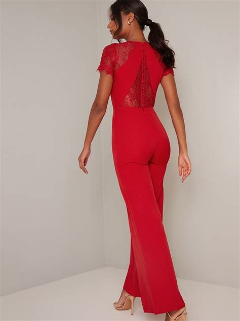 Lace Insert Short Sleeved Wide Leg Jumpsuit In Red Spring Dresses