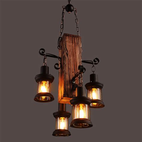 4 Heads Wood Chandelier Iron Ceiling Lamp Industrial Rustic Pendant