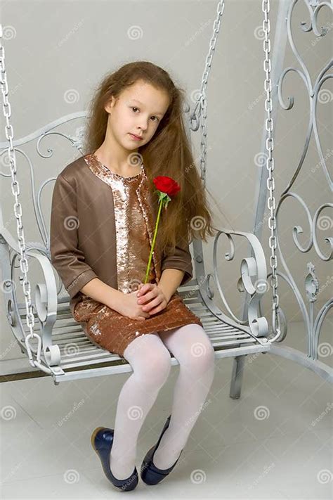 Beautiful Preteen Girl Sitting On Elegant Metal Swing Stock Image
