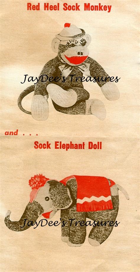 Sock Monkey And Sock Elephant Vintage Craft Pattern