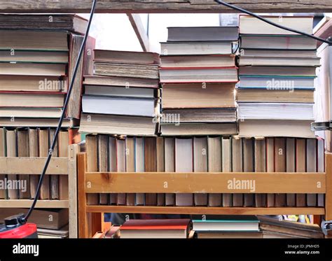 Stack Of Old Used Books Shelf On Antique Market Stock Photo Alamy