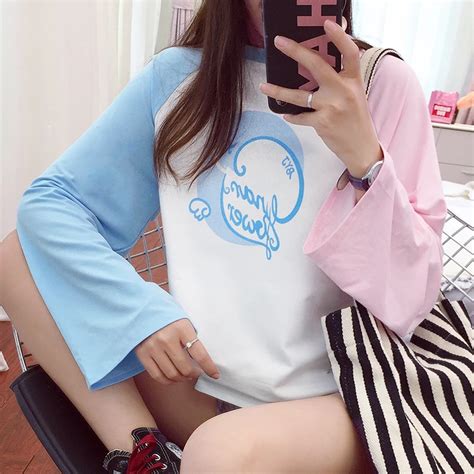 Women S T Shirts Tops Japanese Kawaii Ulzzang Color Matching Round Neck Print T Shirt Female
