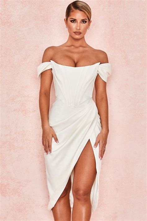 Cutesove High Low Ruched Off Shoulder Corset Cocktail Party Dress White Cutesove