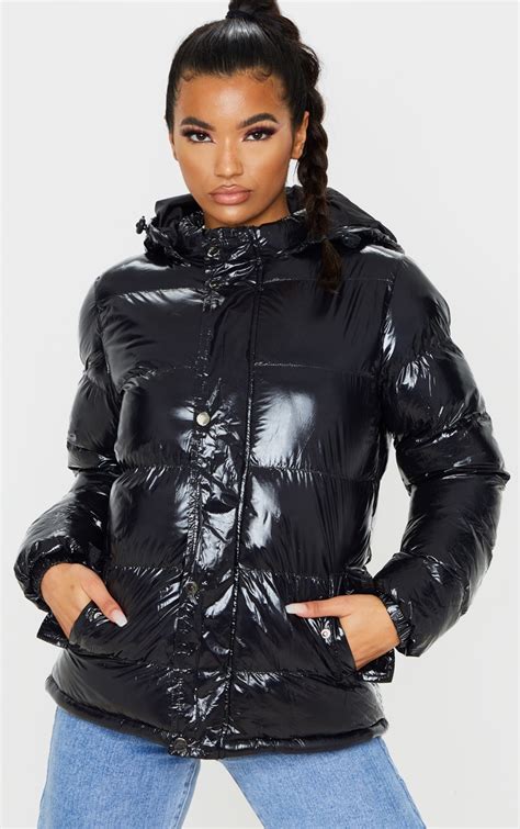 Black High Shine Hooded Puffer Coat Prettylittlething